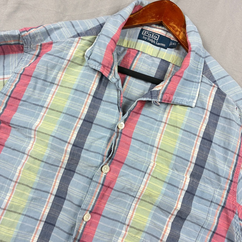 Polo Ralph Lauren Camp Collar Shirt XL Madras Linen Blend Short Sleeve Casual